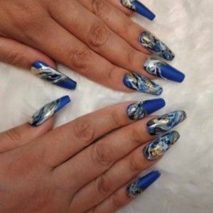 Darksea blue n white/ gold marble press on nails